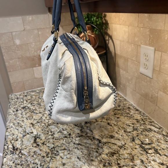 MCM Munich Leather Satchel Top Handle Bag Cream Blue Gold Hardware - Picture 3 of 13